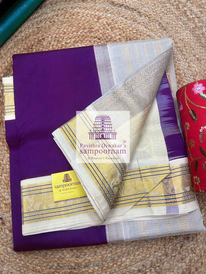 Purple with Halfwhite , traditonal borders and Grand Pallu Korvai Silk Cotton Saree