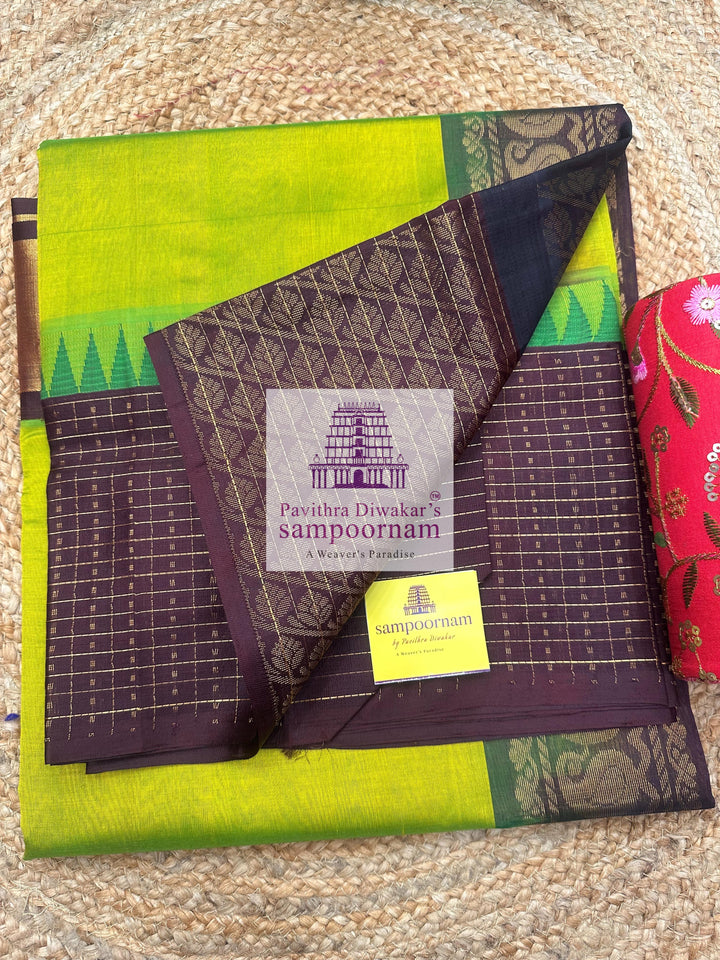 Sneha Green with Brown , one side Temple and Lakshadeepam border , rich Pallu Korvai Silk Cotton Saree