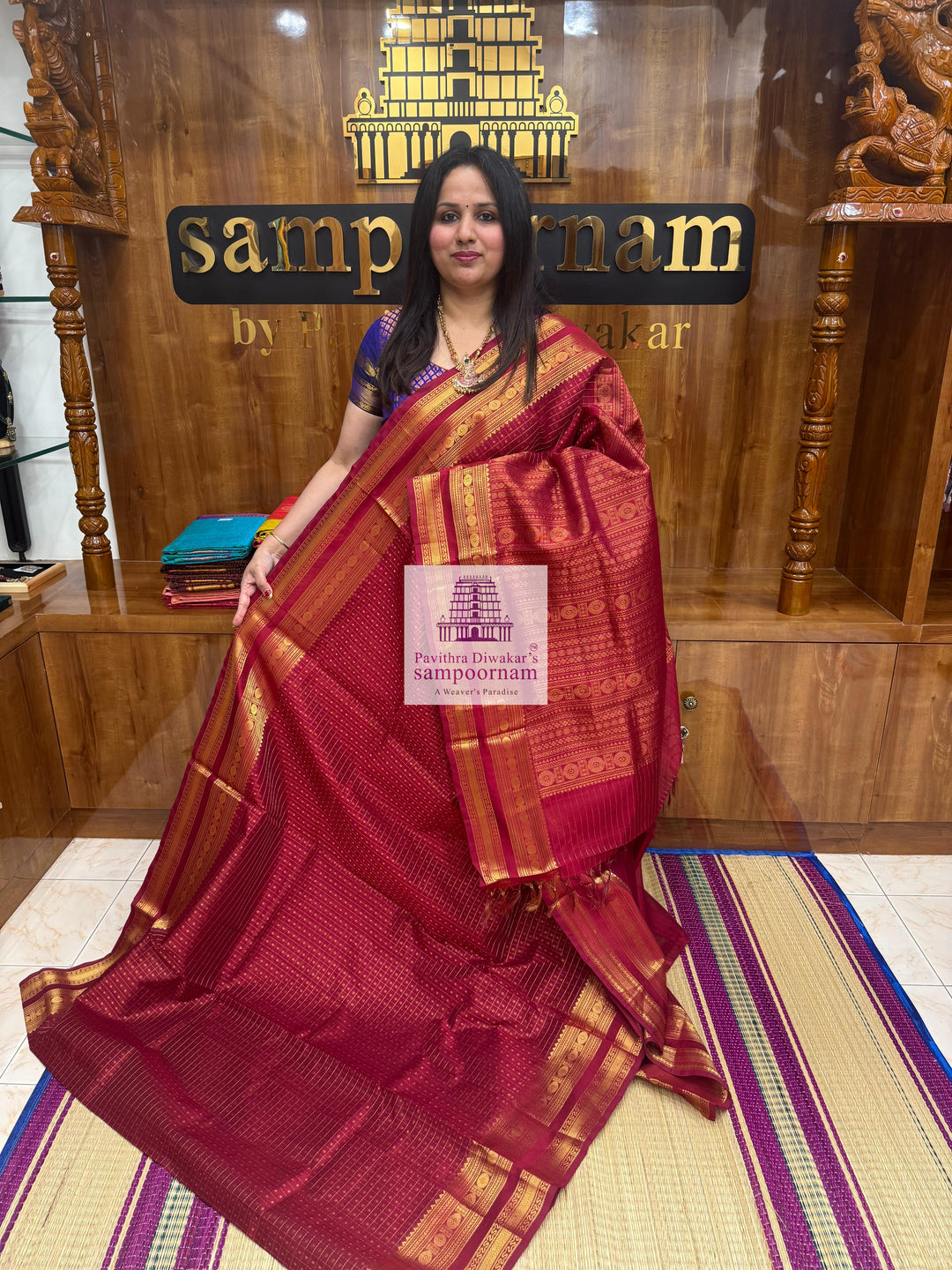 Kumkum Red , Zari  Lakshadeepam  Silk Cotton Saree
