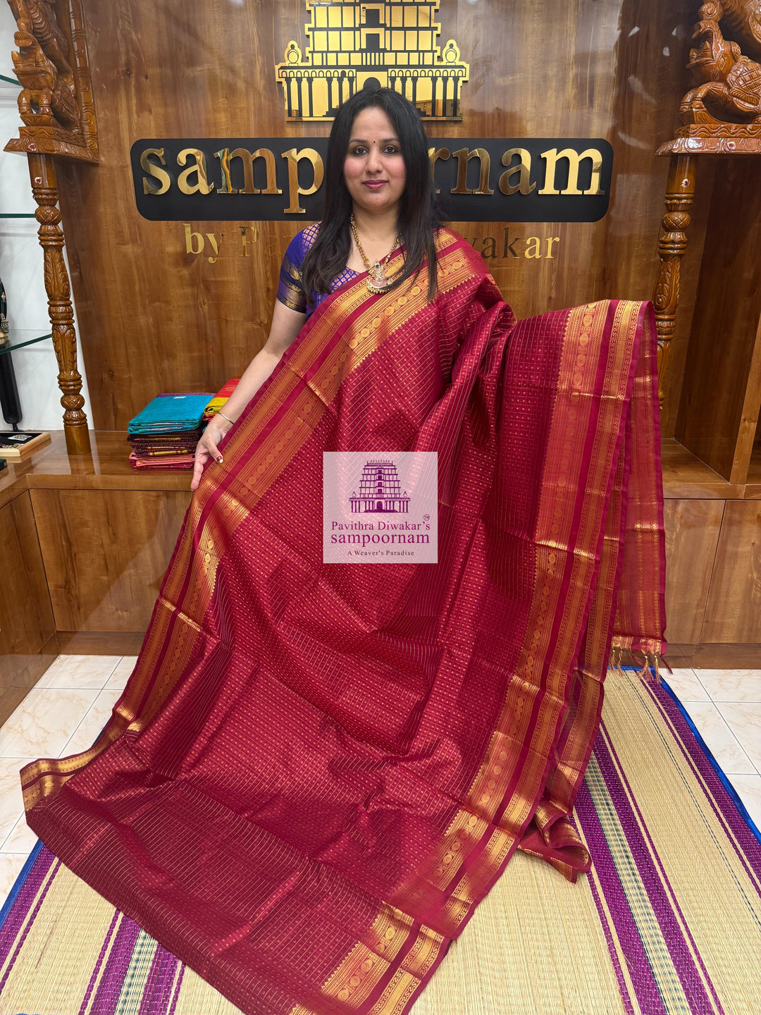 Kumkum Red , Zari  Lakshadeepam  Silk Cotton Saree