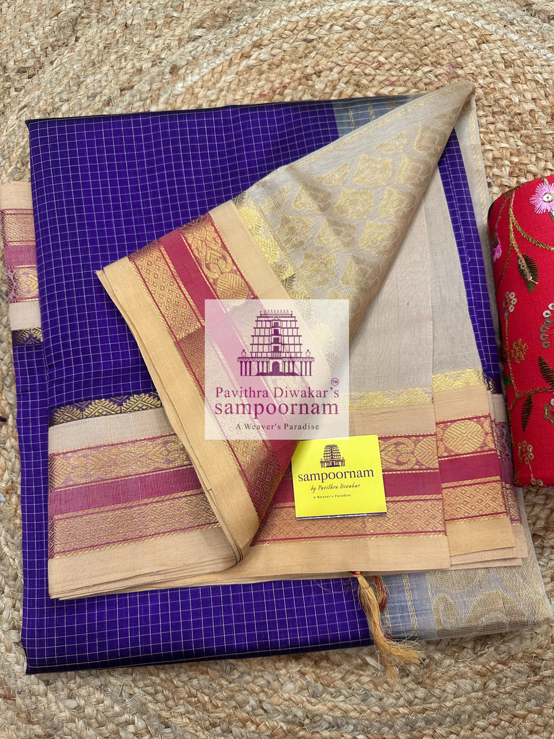 Purple with Sandal , small checks in the body with rettapet borders , rich Pallu Silk Cotton Saree