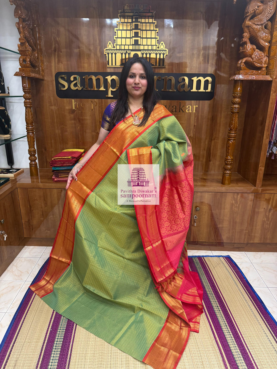 Sea Green with Rani , Zari  Lakshadeepam  Silk Cotton Sarees