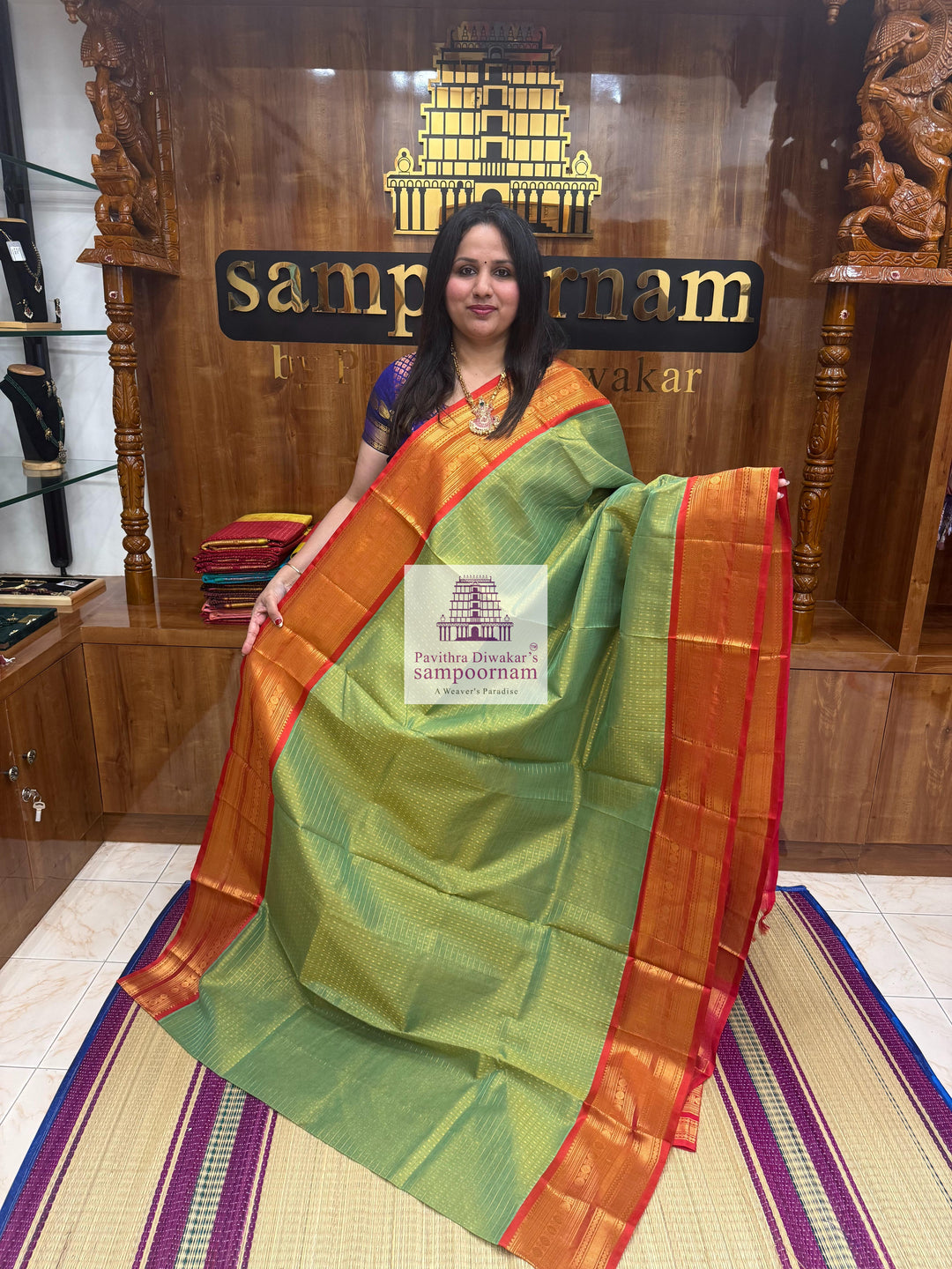 Sea Green with Rani , Zari  Lakshadeepam  Silk Cotton Sarees
