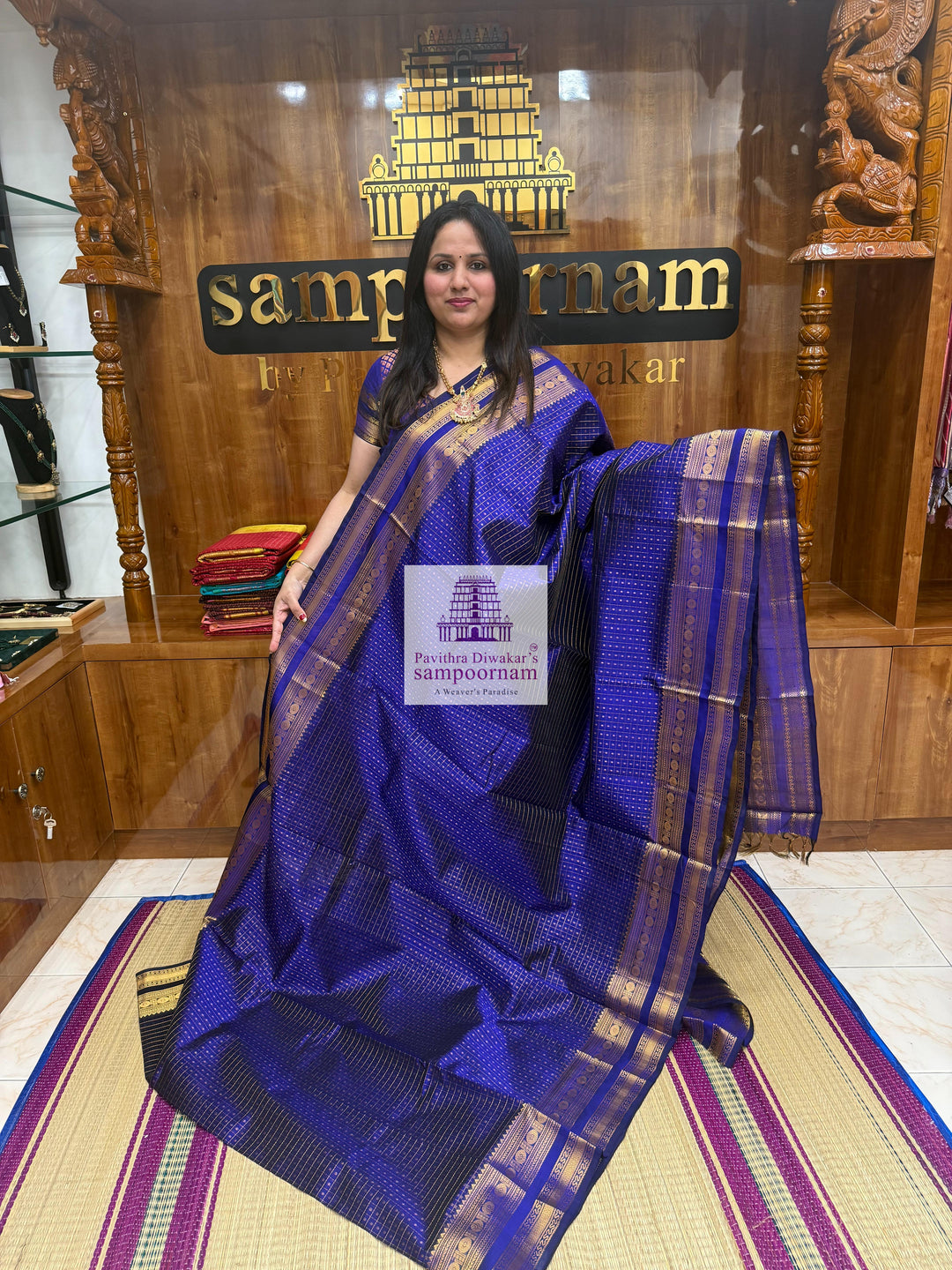 Blue , Zari  Lakshadeepam  Silk Cotton Saree