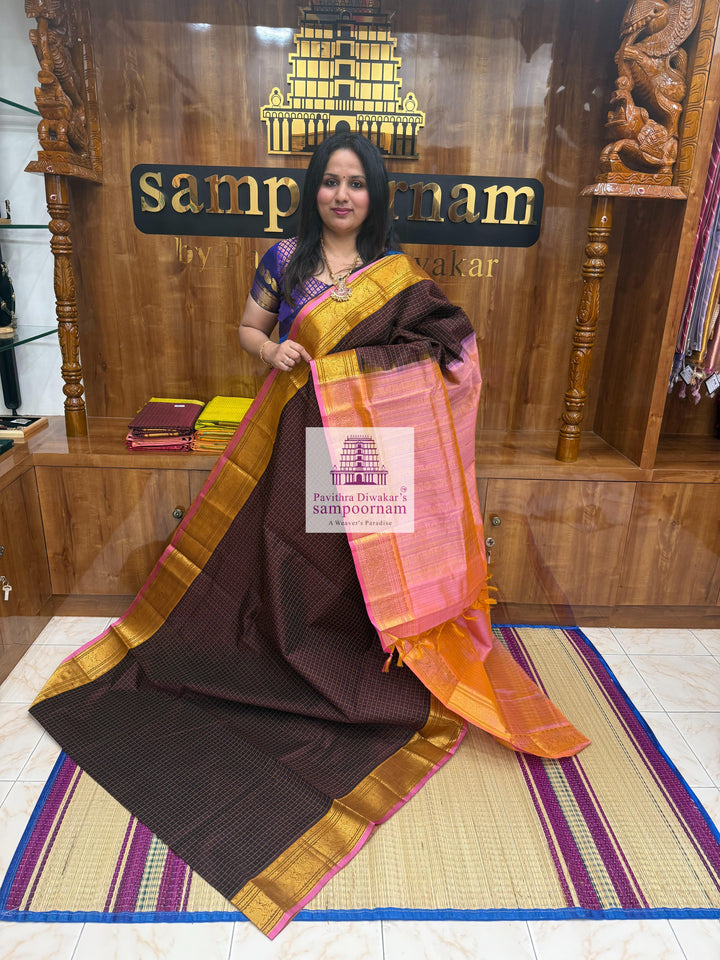 Dark Brown with Baby Pink , Lakshadeepam thread butta in the body , traditional borders and rich Pallu Silk Cotton Saree