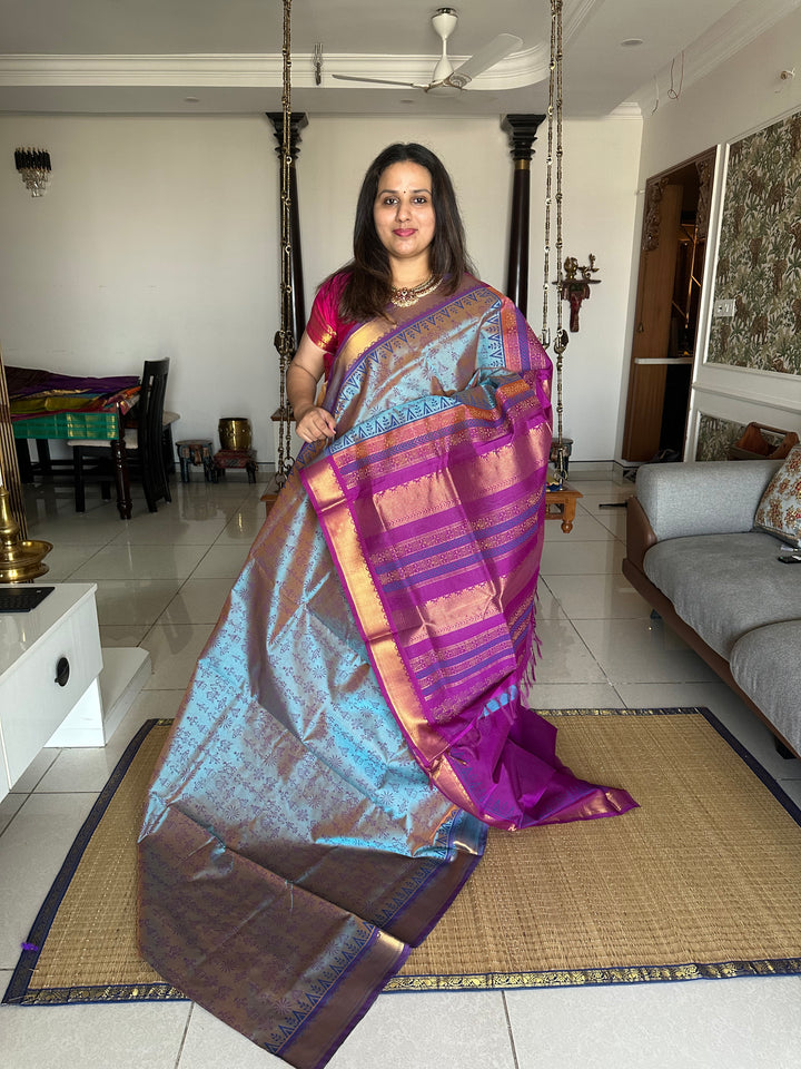 Bluish Grey with Purple Warli Handblock Printed Silk Cotton Saree