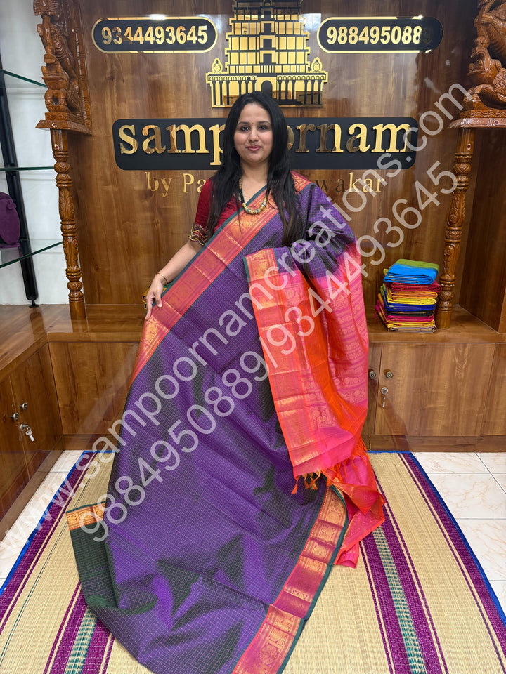Double Shaded Lavender with Peach  , Rich Traditional Borders and Lakshadeepam Thread  Butta all over the body and Grand Pallu , Pure Silk Cotton Saree