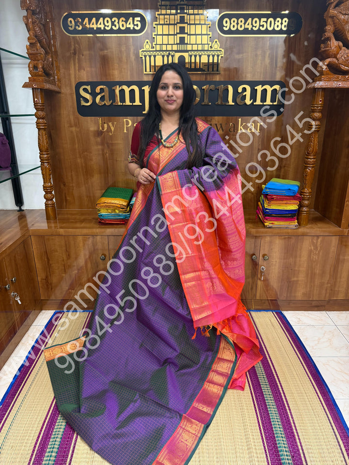 Double Shaded Lavender with Peach  , Rich Traditional Borders and Lakshadeepam Thread  Butta all over the body and Grand Pallu , Pure Silk Cotton Saree