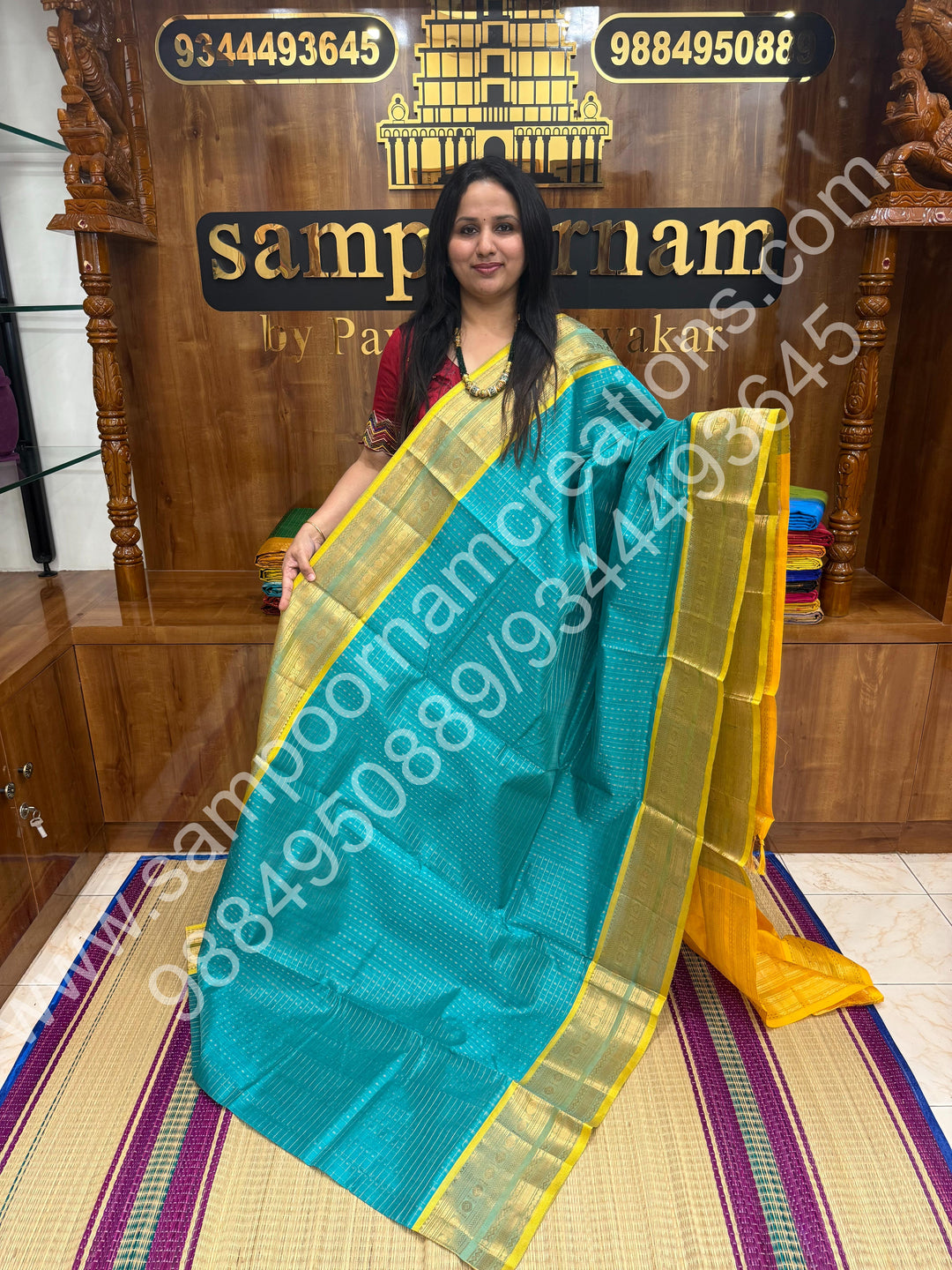 Sea Blue with Yellow , Rich Traditional Borders and Lakshadeepam Zari Butta all over the body and Grand Pallu , Pure Silk Cotton Saree