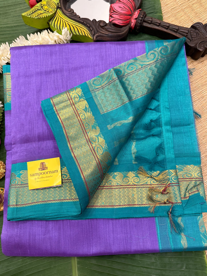 Lavender with Turquoise Blue ,traditional borders and rich Pallu Korvai Silk Cotton Saree