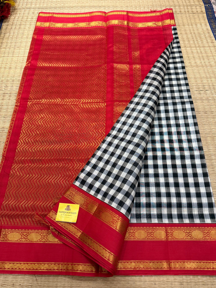 Black and White colour  checks with red , rettapet border and traditional rich Pallu Korvai Silk Cotton Saree