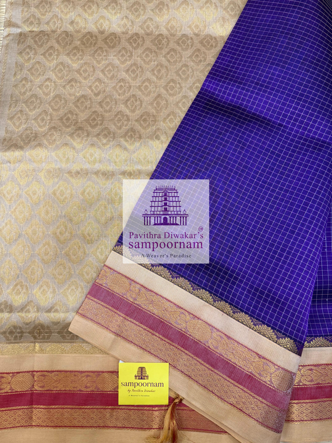 Purple with Sandal , small checks in the body with rettapet borders , rich Pallu Silk Cotton Saree