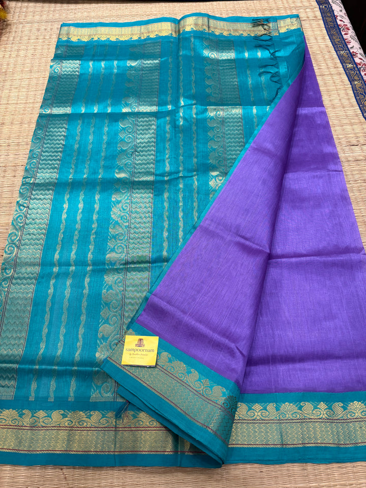 Lavender with Turquoise Blue ,traditional borders and rich Pallu Korvai Silk Cotton Saree