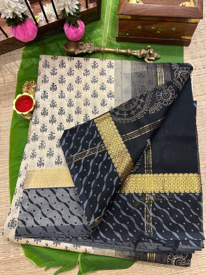 Offwhite with Black All Over Handblock Printed Silk Cotton Saree