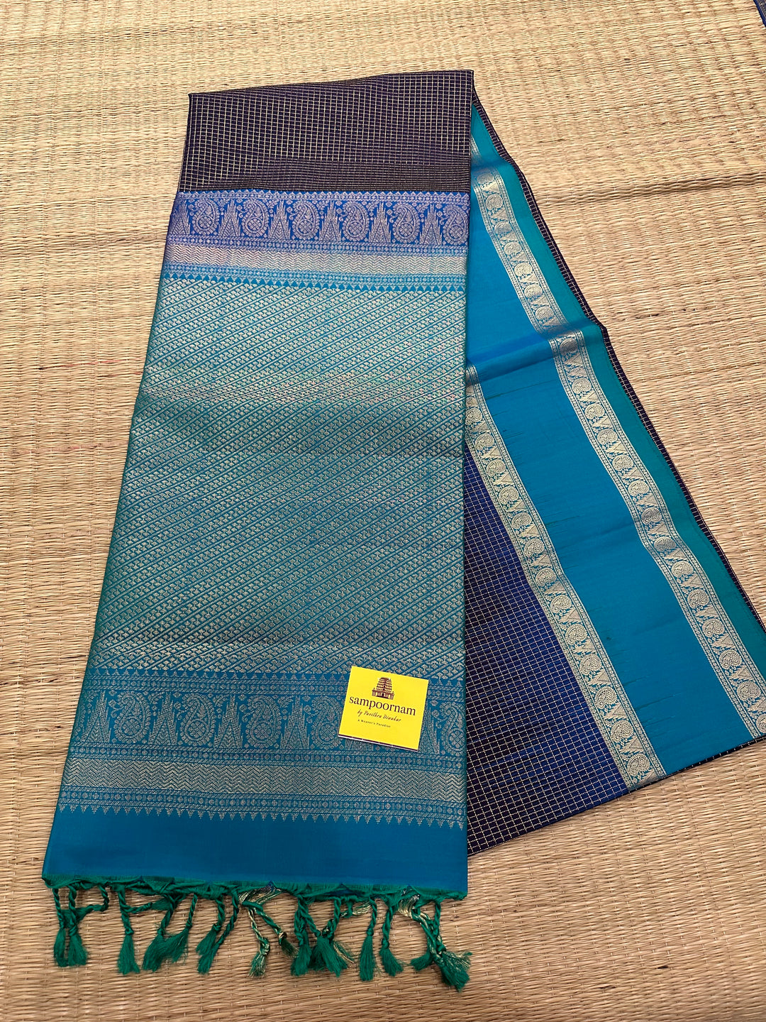 Dark Blue with Light Blue Zari Podi Kattam Rettapet Border Rich Pallu , Pure Soft Silk Saree