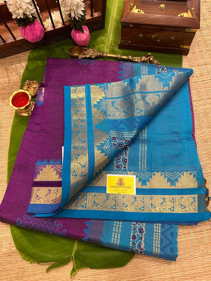 Purple with Blue Vairaoosi Rettapet Kolam Handblock Printed Silk Cotton Saree