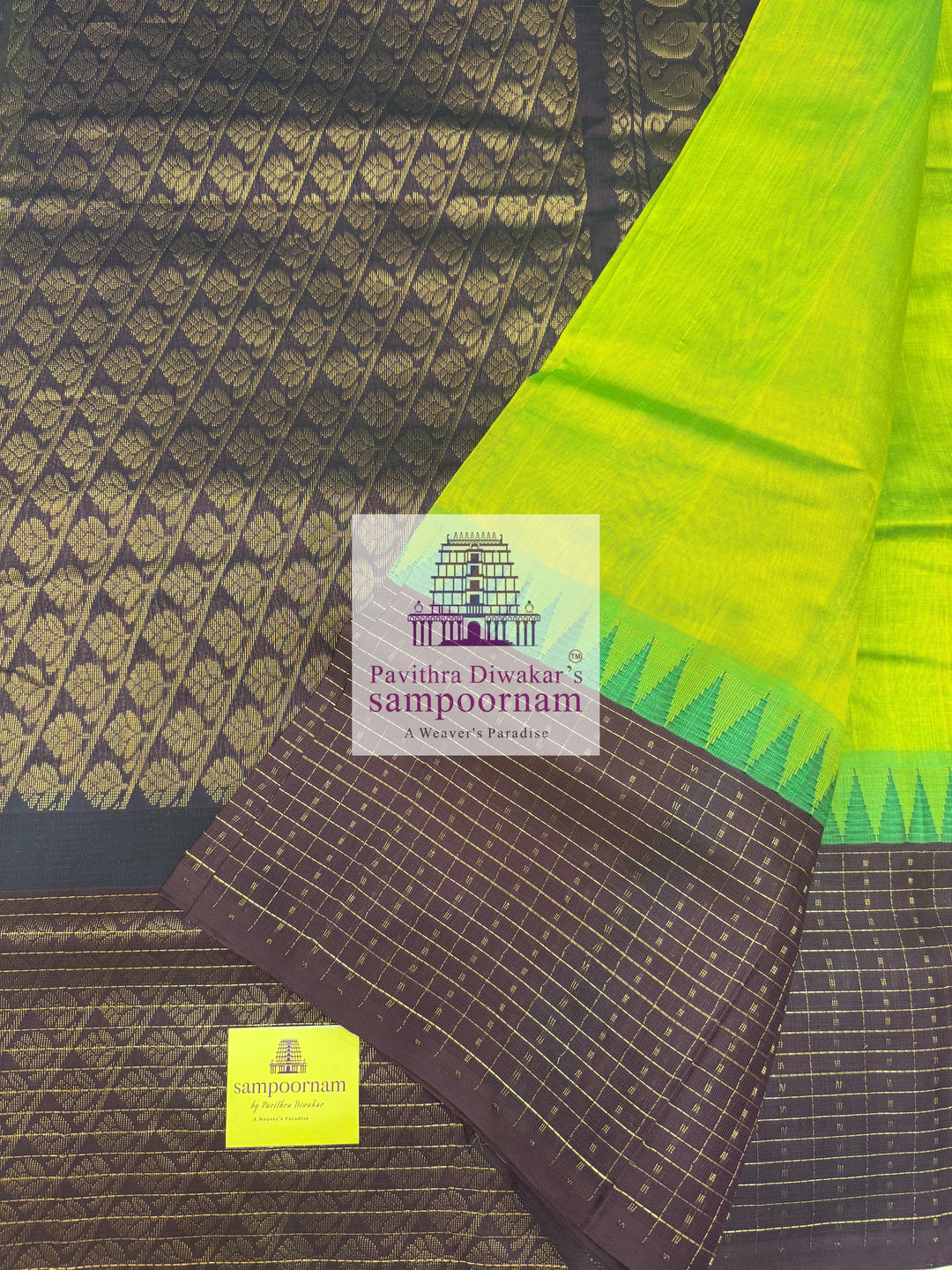 Sneha Green with Brown , one side Temple and Lakshadeepam border , rich Pallu Korvai Silk Cotton Saree