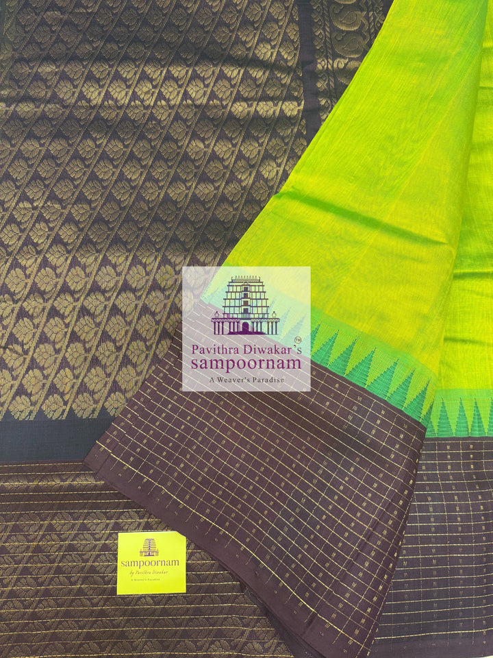 Sneha Green with Brown , one side Temple and Lakshadeepam border , rich Pallu Korvai Silk Cotton Saree