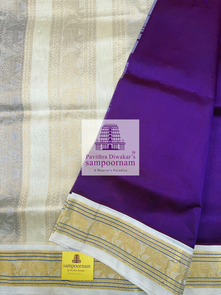 Purple with Halfwhite , traditonal borders and Grand Pallu Korvai Silk Cotton Saree