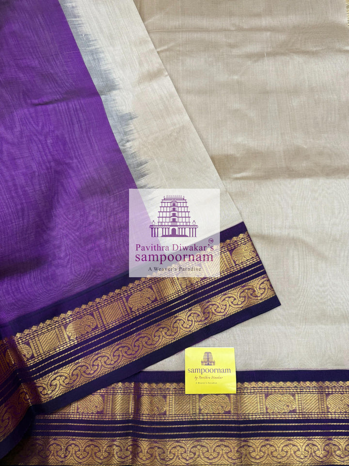 Purple with Halfwhite , traditonal borders and Grand Pallu Korvai Silk Cotton Saree