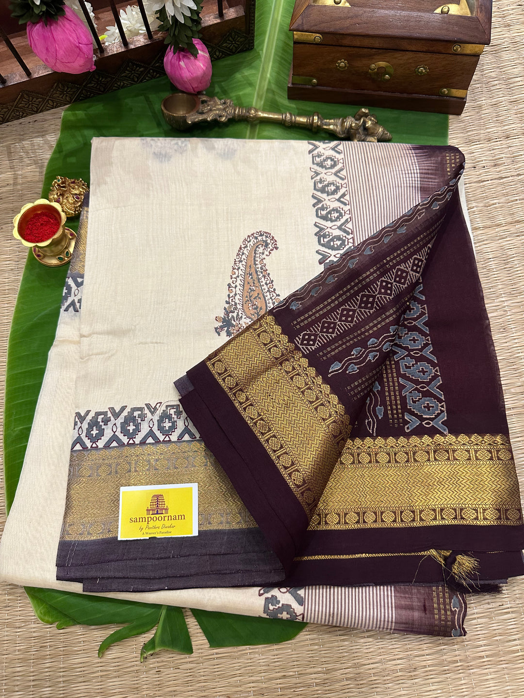 Offwhite with Brown Handblock Printed Silk Cotton Saree