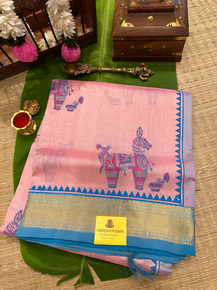 Baby Pink with Blue Terracota Motif Handblock Printed Silk Cotton Saree