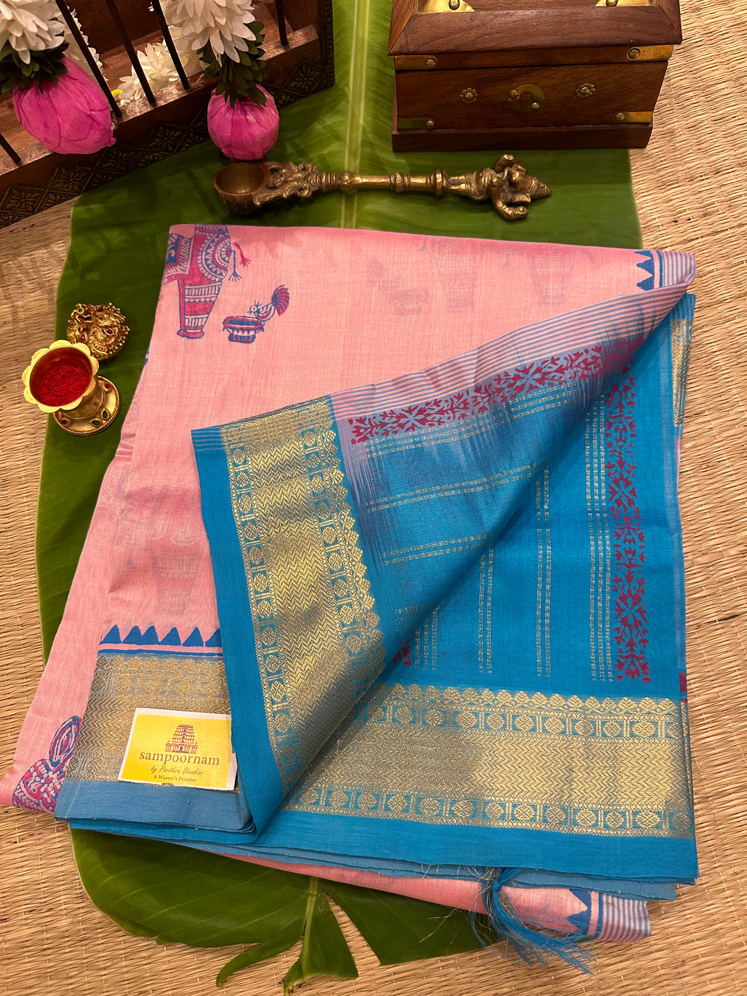 Baby Pink with Blue Terracota Motif Handblock Printed Silk Cotton Saree