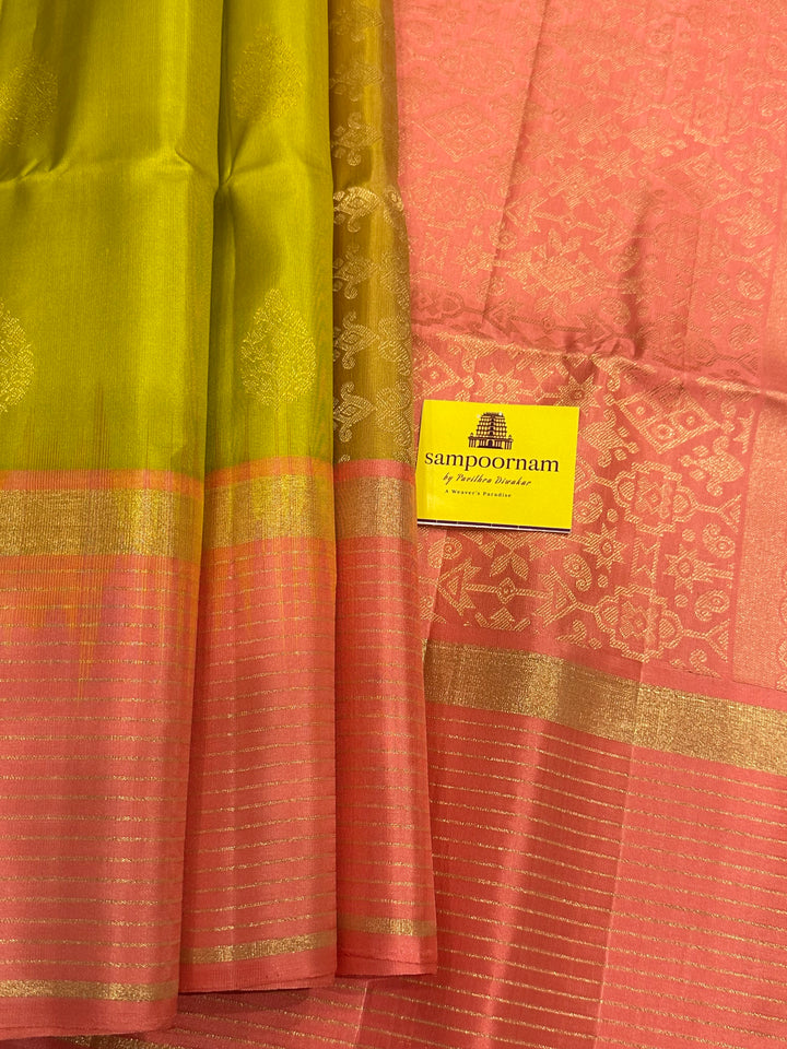 Lemon yellow with Baby Pink Rich Zari Butta and Grand Pallu and Vairaoosi Lines in Border - Pure Soft Silk Saree