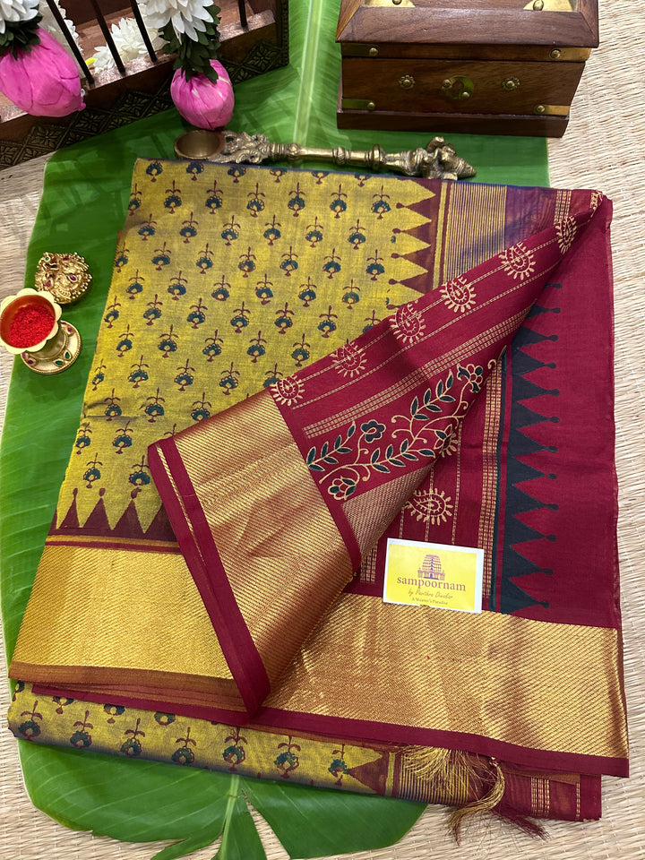 Dark Fenugreen with Red All over Handblock Printed Silk Cotton Saree