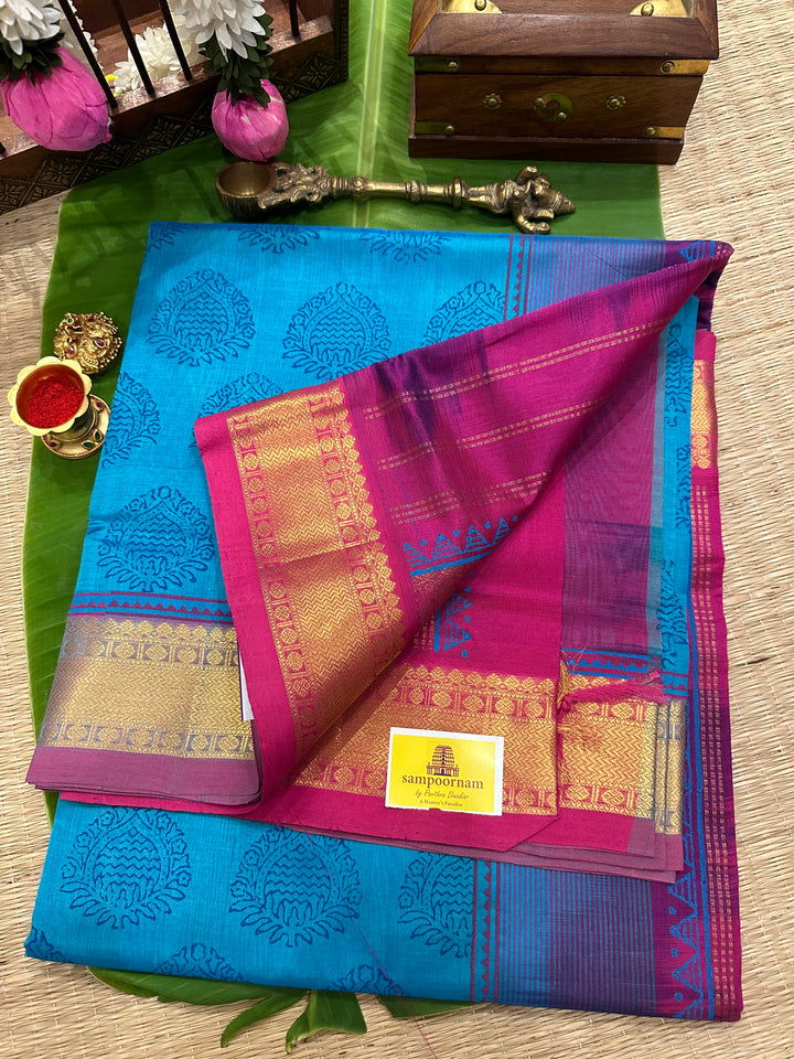 Blue with Pink Allover Handblock Printed Silk Cotton Saree