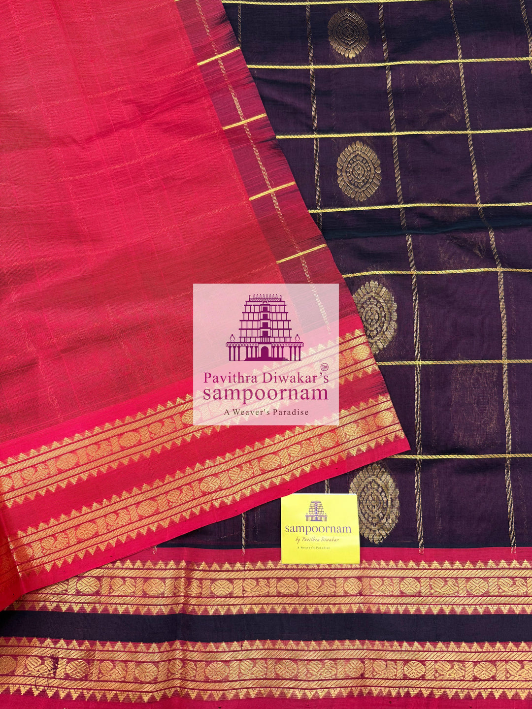 Brown with Red , rich Zari checks in the body , Mayil and Chakram rich butta in the body , rettapet borders and rich Pallu Silk Cotton Saree