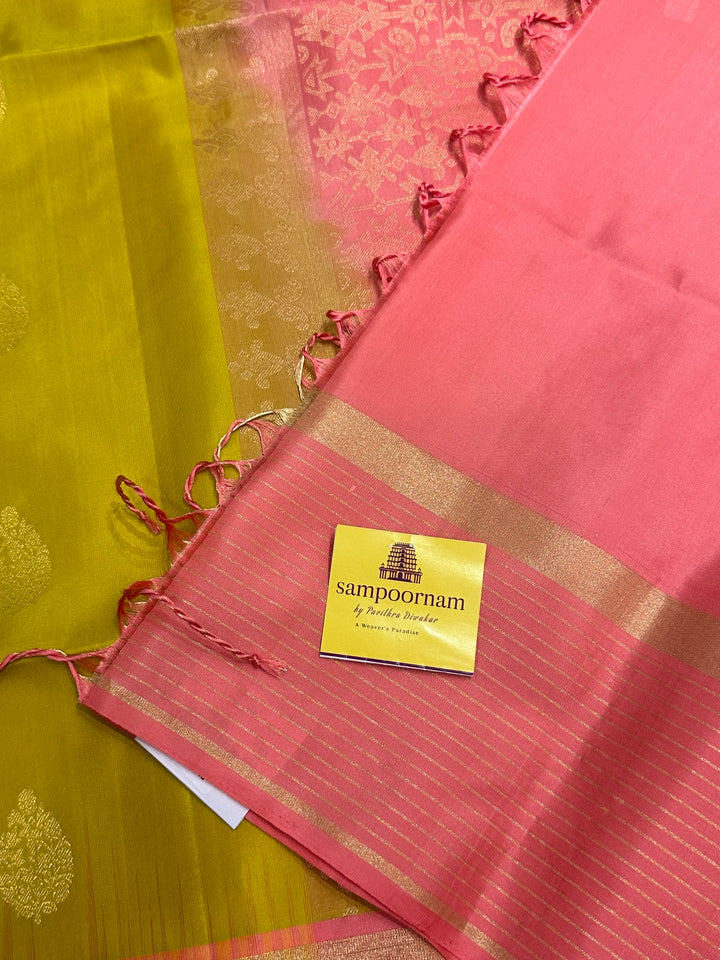 Lemon yellow with Baby Pink Rich Zari Butta and Grand Pallu and Vairaoosi Lines in Border - Pure Soft Silk Saree