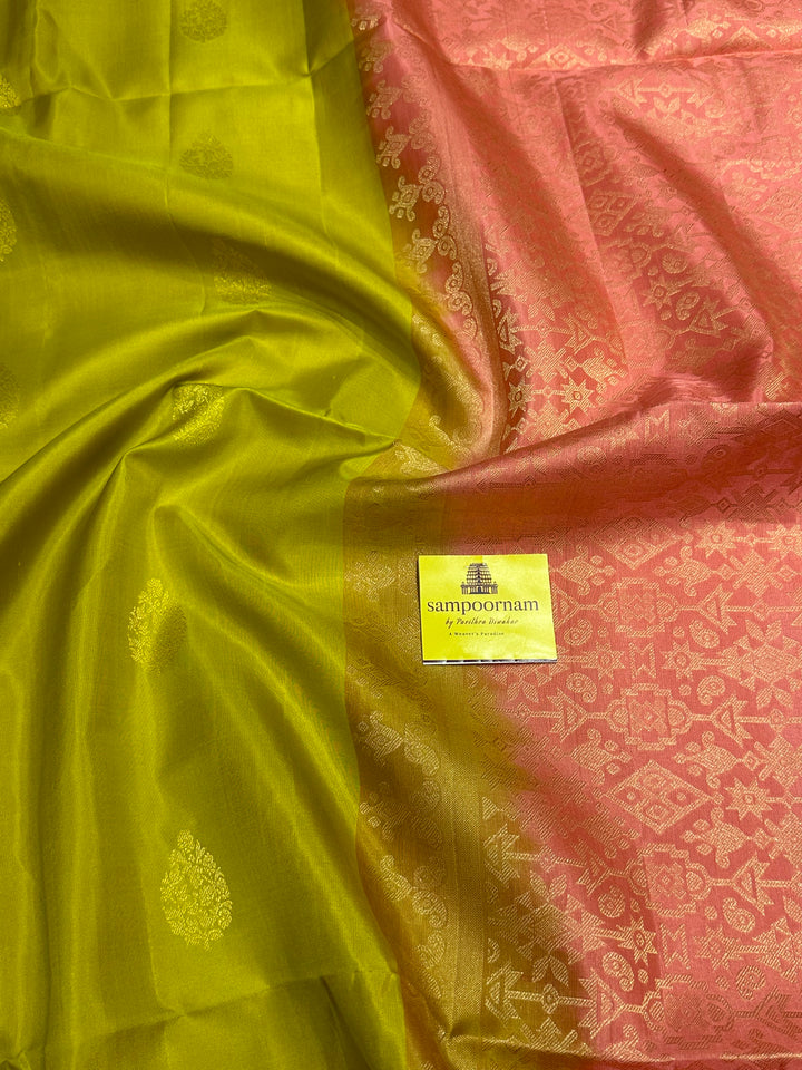 Lemon yellow with Baby Pink Rich Zari Butta and Grand Pallu and Vairaoosi Lines in Border - Pure Soft Silk Saree