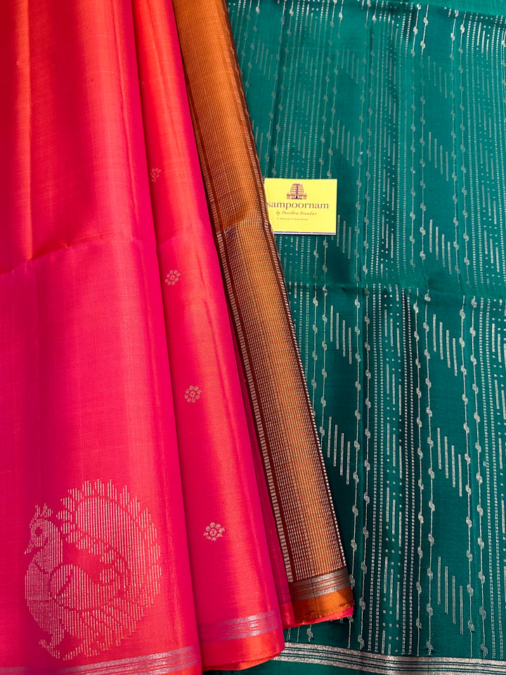 Orangish Red & Green Zari Butta in the body and Mayil Border - Rich Pallu Pure Soft Silk Saree