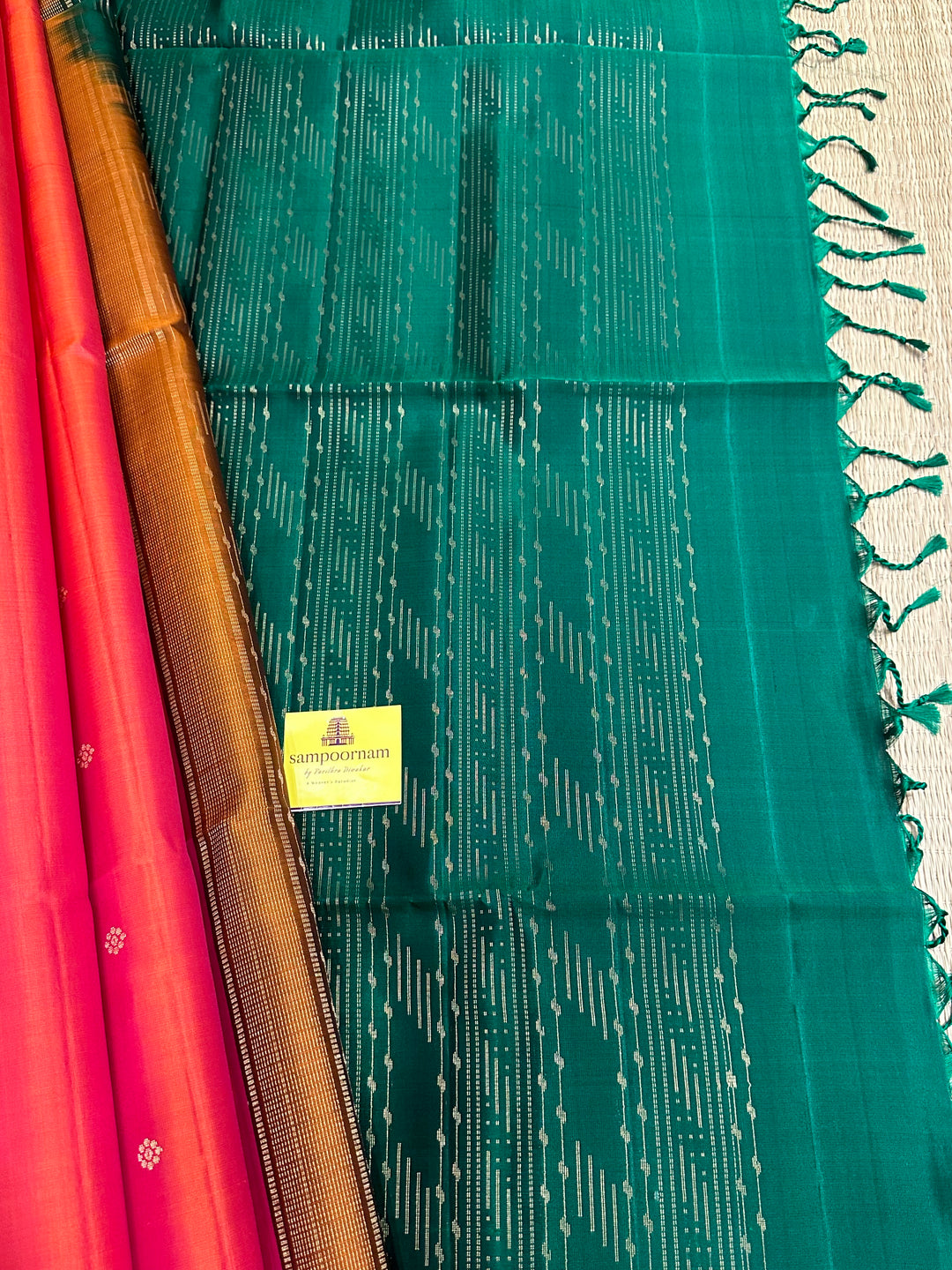 Orangish Red & Green Zari Butta in the body and Mayil Border - Rich Pallu Pure Soft Silk Saree