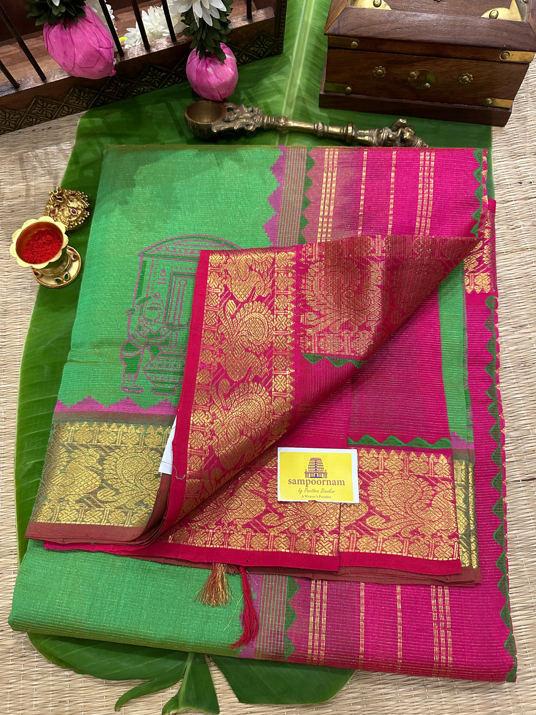 Green with Pink Vairaoosi Handblock Printed Silk Cotton Saree