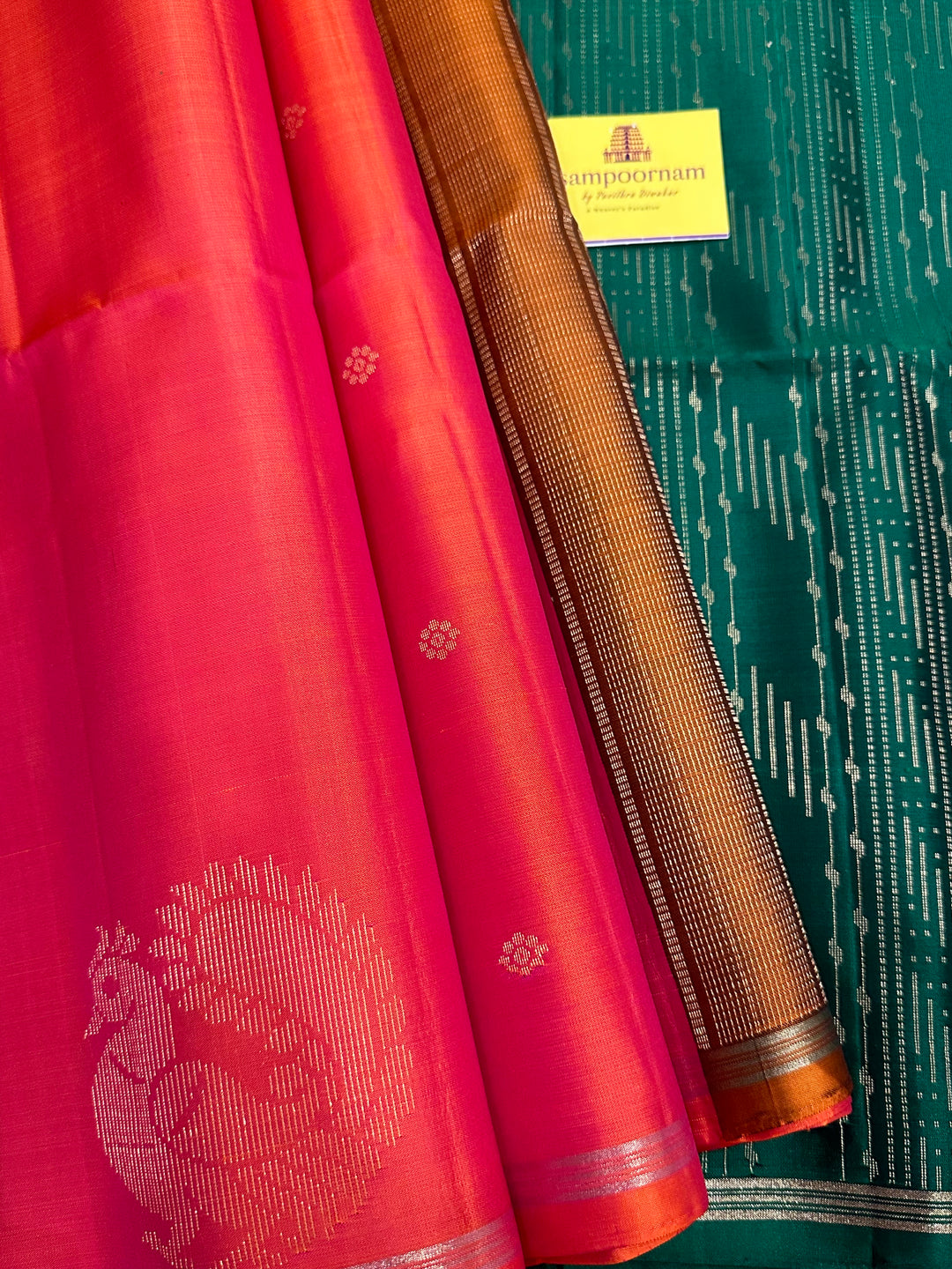 Orangish Red & Green Zari Butta in the body and Mayil Border - Rich Pallu Pure Soft Silk Saree