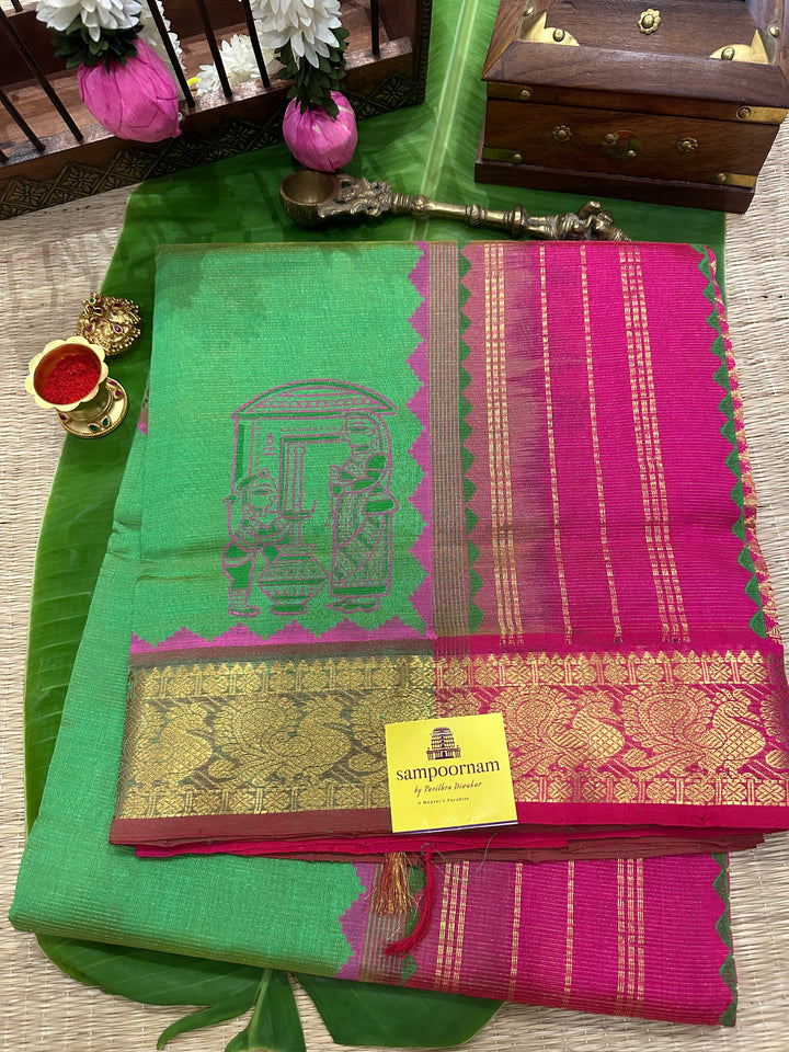 Green with Pink Vairaoosi Handblock Printed Silk Cotton Saree