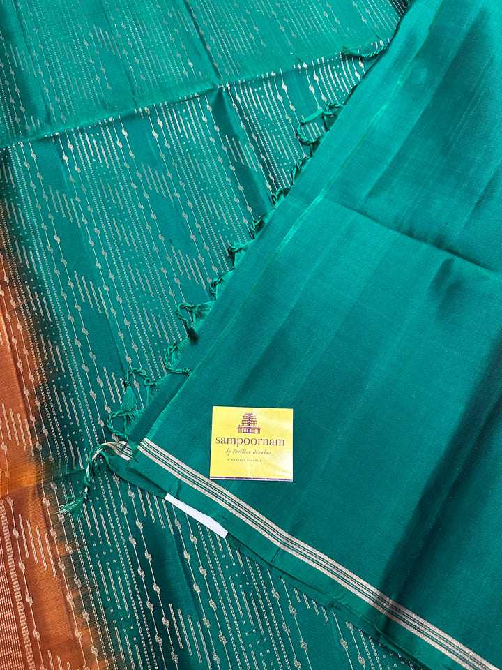 Orangish Red & Green Zari Butta in the body and Mayil Border - Rich Pallu Pure Soft Silk Saree