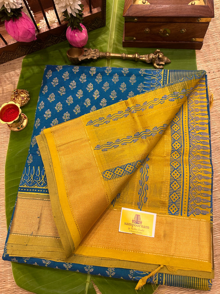 Blue with Lemon Yellow Allover Handblock Printed Silk Cotton Saree