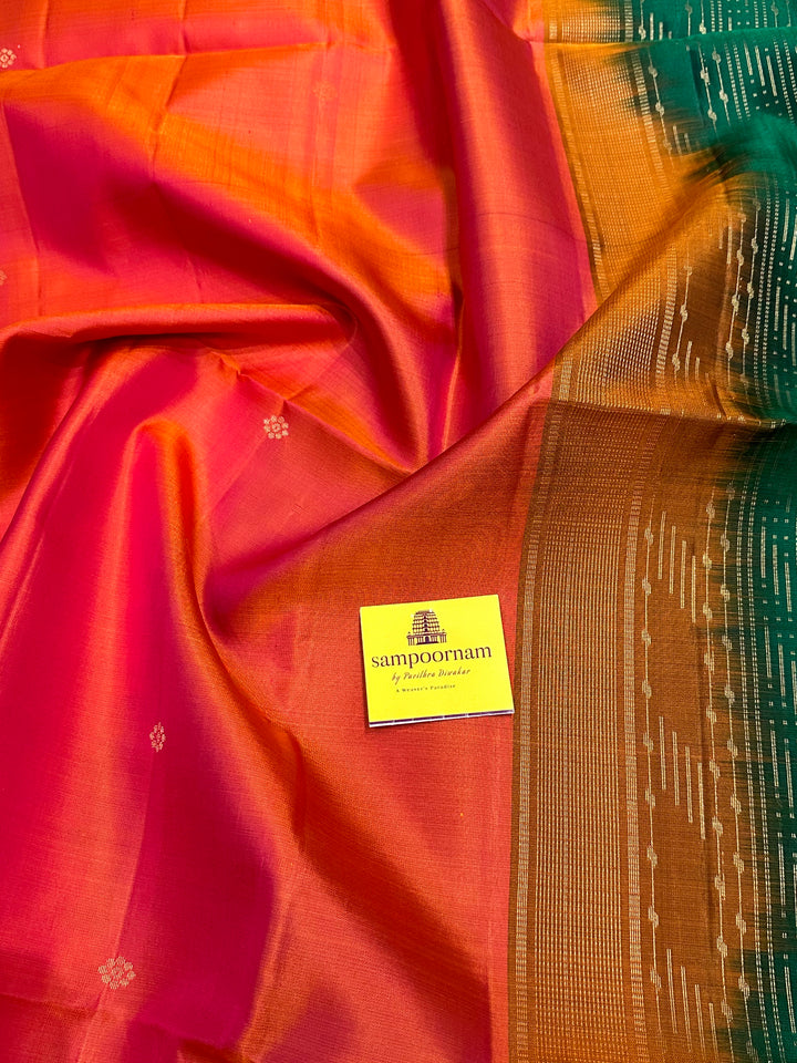 Orangish Red & Green Zari Butta in the body and Mayil Border - Rich Pallu Pure Soft Silk Saree