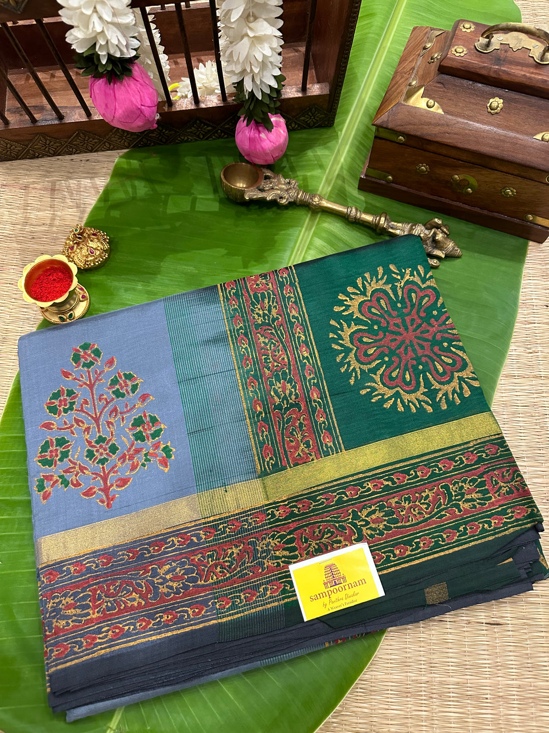 Grey with Green Handblock Printed Silk Cotton Saree