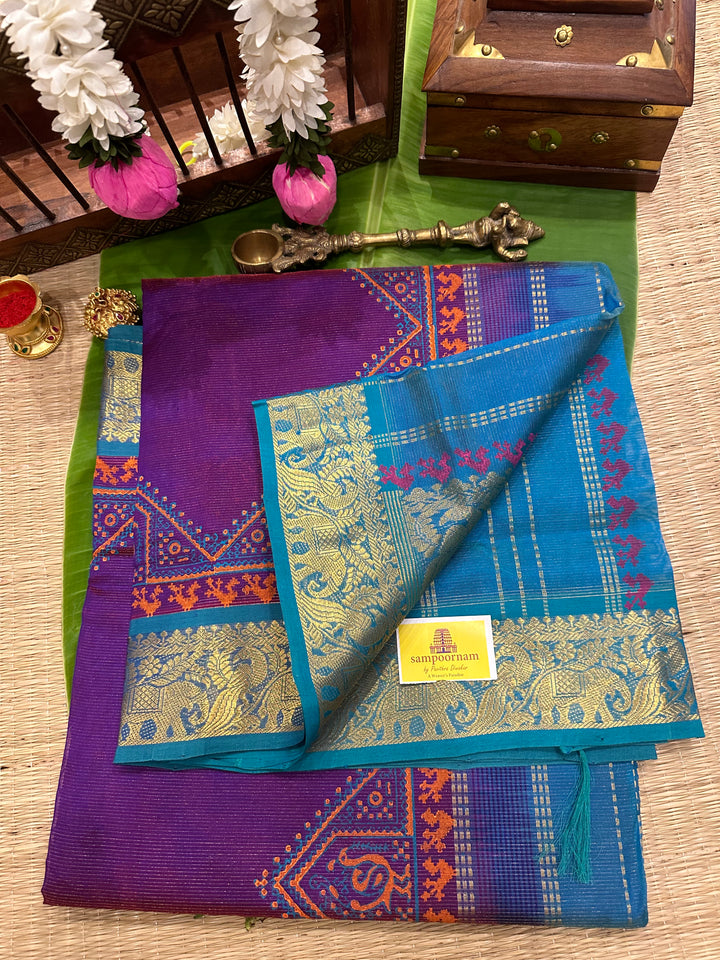 Purple with Blue Vairaoosi Handblock Printed Silk Cotton Saree