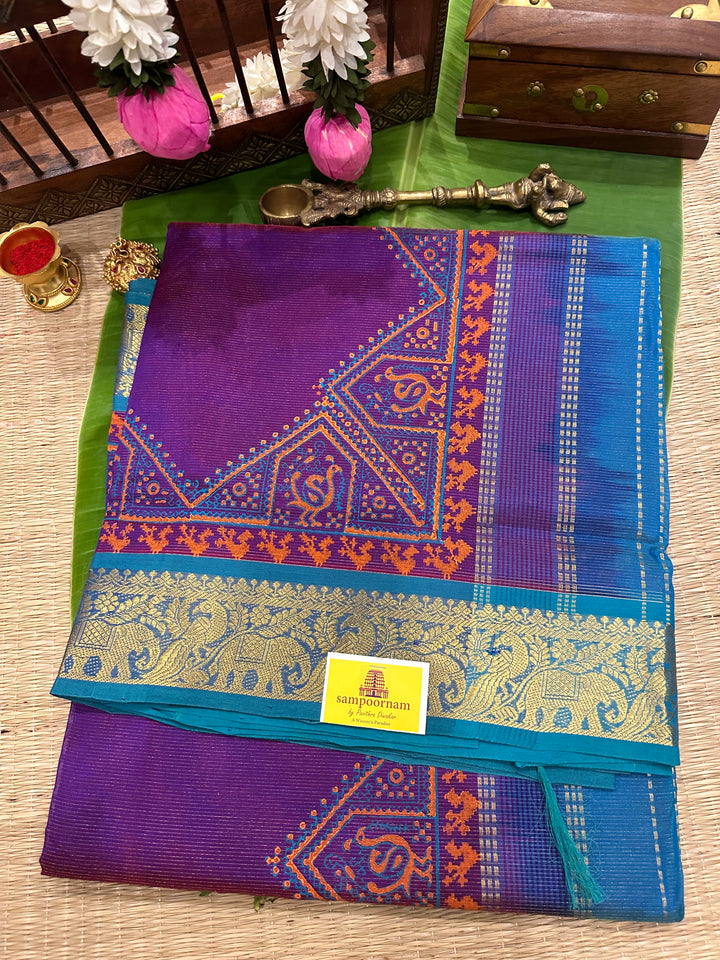 Purple with Blue Vairaoosi Handblock Printed Silk Cotton Saree