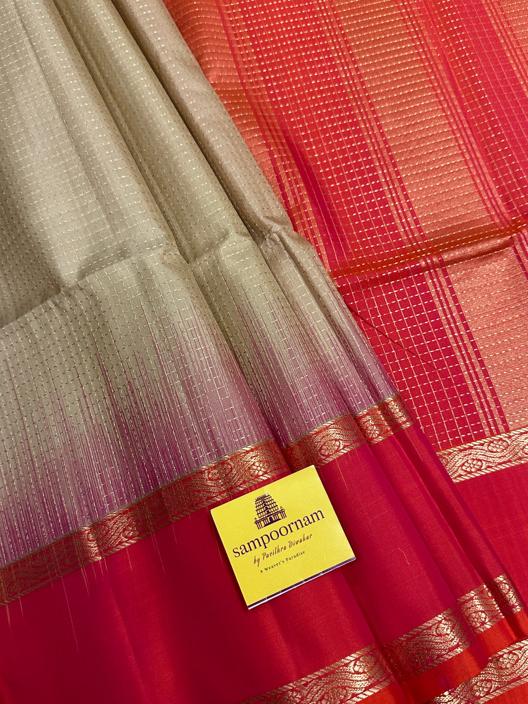 Offwhite with Pinkish Orange Zari Podi Kattam , Rettapet Border Rich Pallu