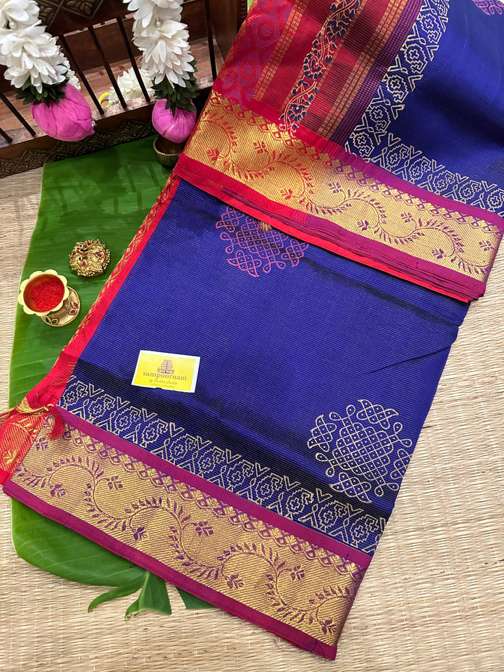 Blue with Red Vairaoosi Kolam Handblock Printed Silk Cotton Saree