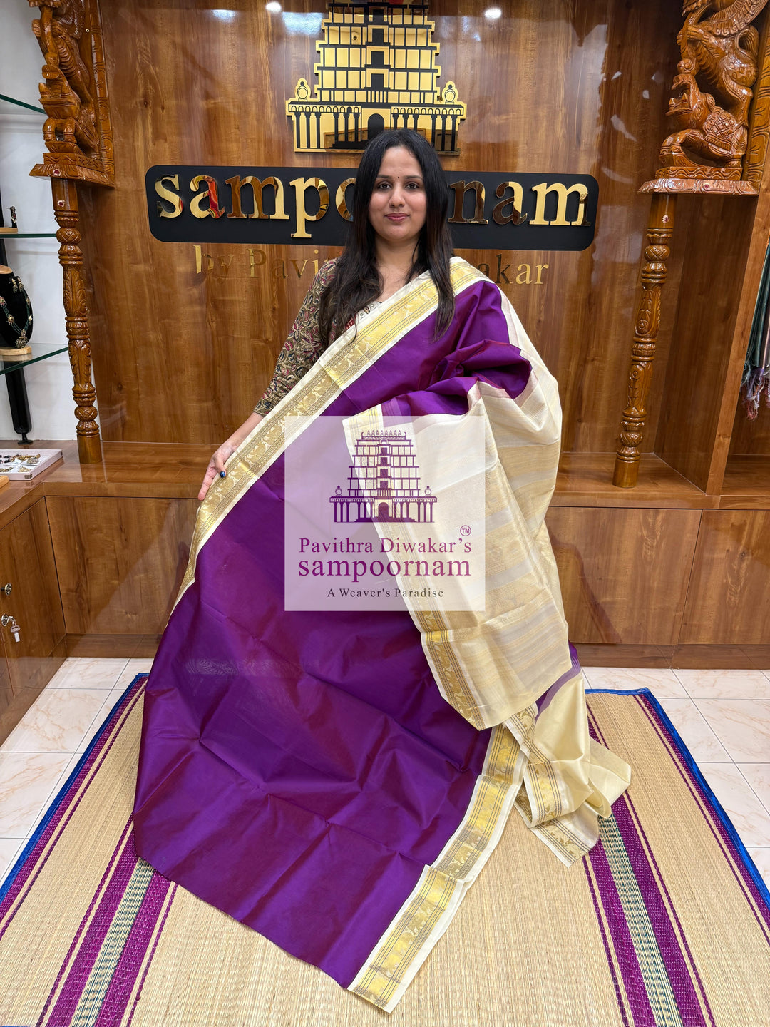 Purple with Halfwhite , traditonal borders and Grand Pallu Korvai Silk Cotton Saree