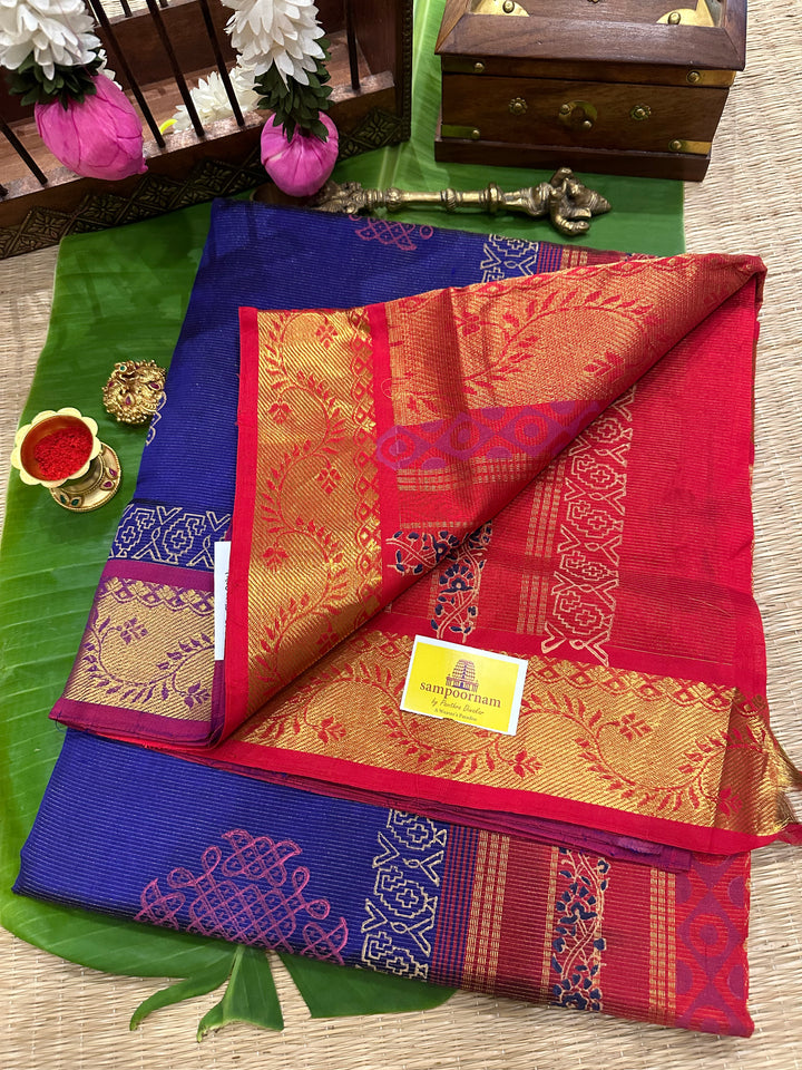 Blue with Red Vairaoosi Kolam Handblock Printed Silk Cotton Saree