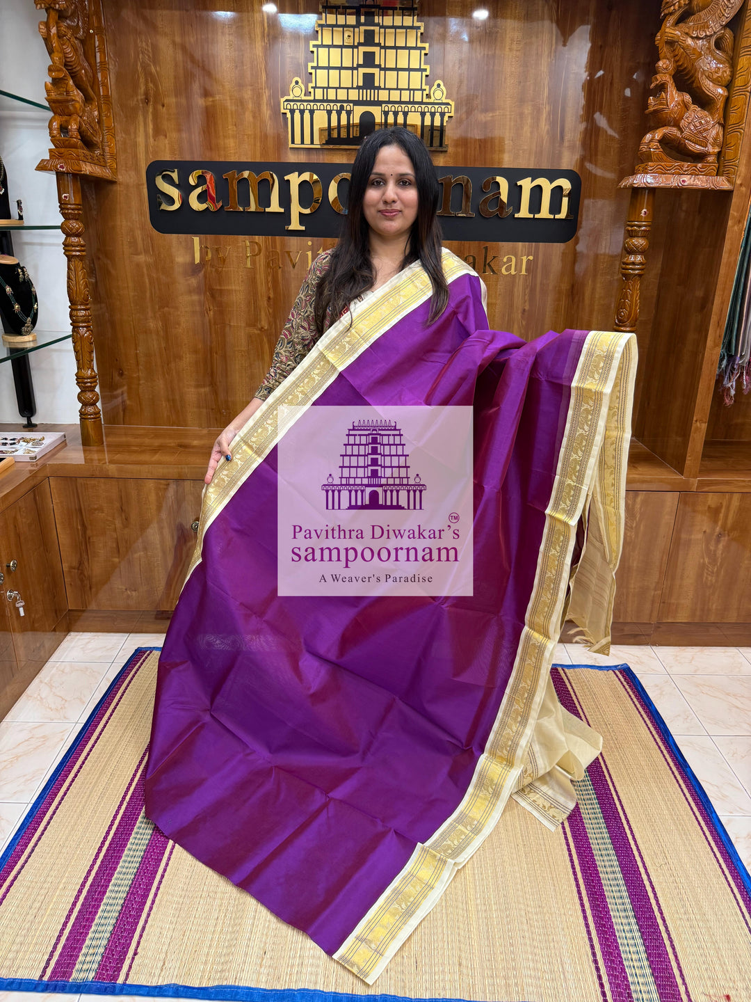 Purple with Halfwhite , traditonal borders and Grand Pallu Korvai Silk Cotton Saree