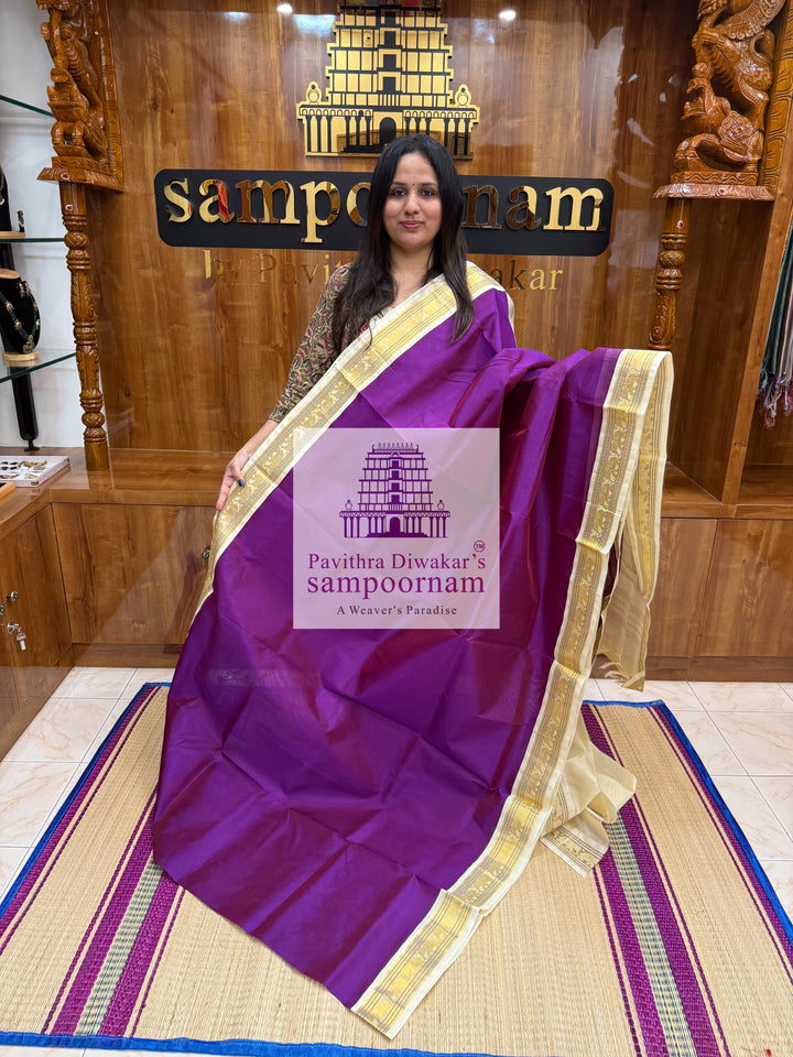 Purple with Halfwhite , traditonal borders and Grand Pallu Korvai Silk Cotton Saree